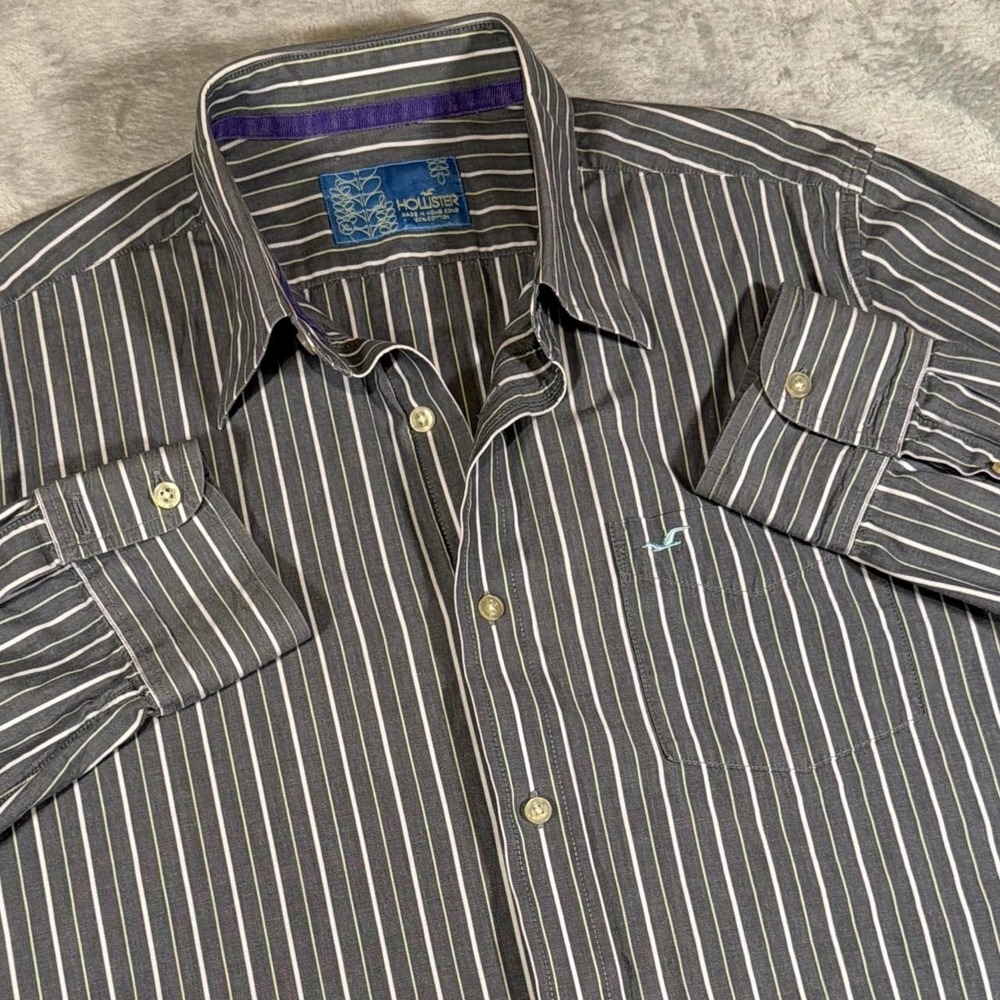 Y2K Vintage Hollister Button Down Shirt | Gray Striped | Made in Hong Kong | XL